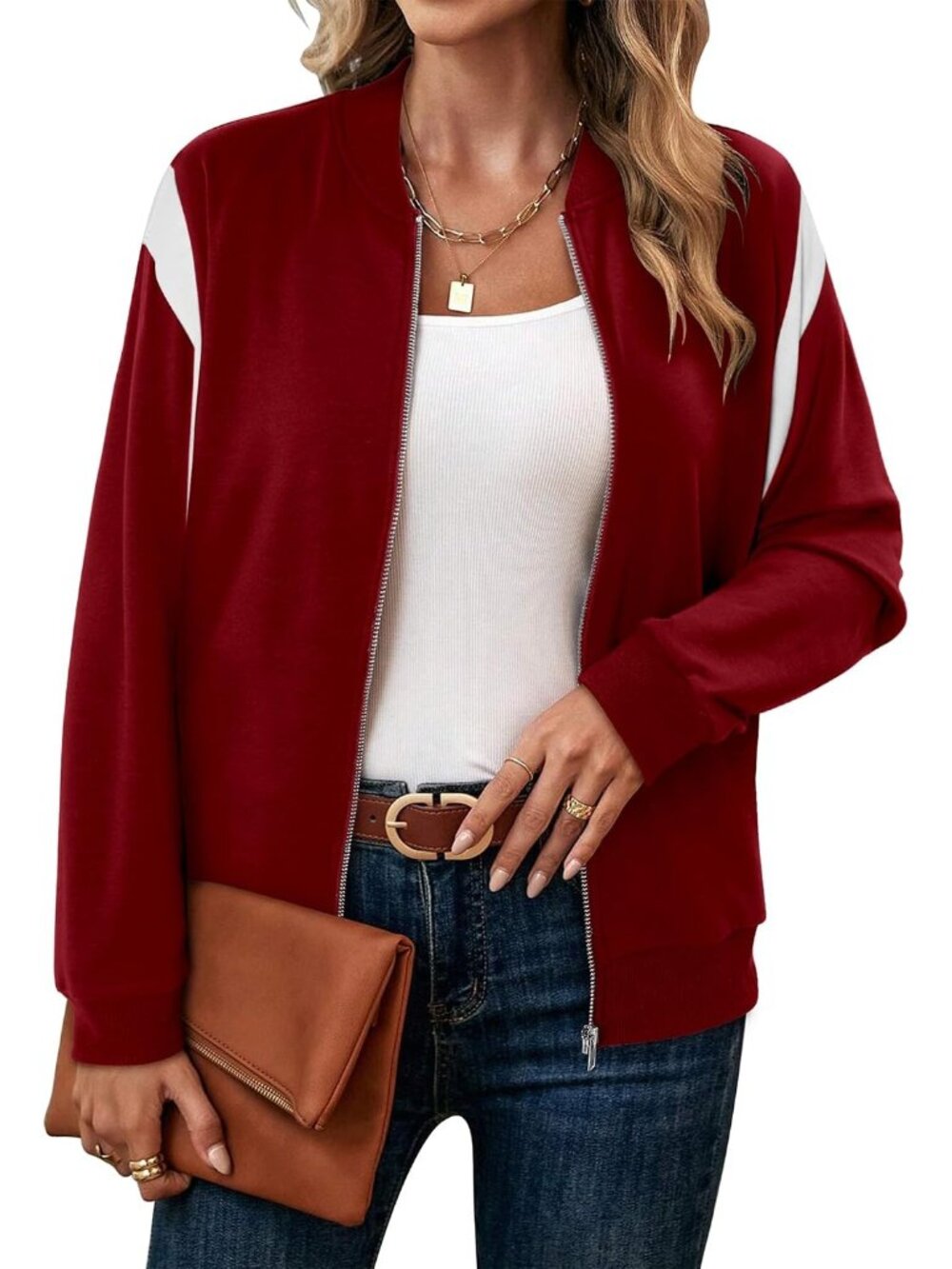 🆕 Women's Red White Color Block Bomber Jacket Zip Up Casual Lightweight Coat